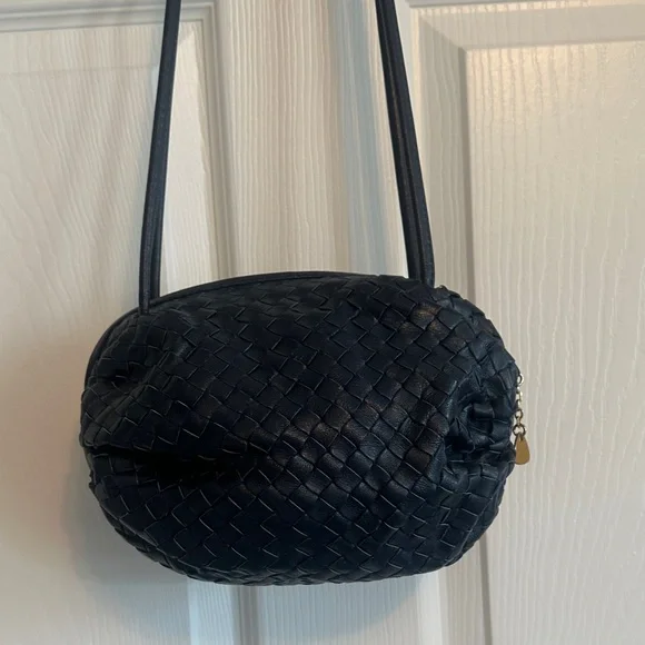 The Brio Navy Blue Woven Leather Shoulder Bag - Picture 5 of 11